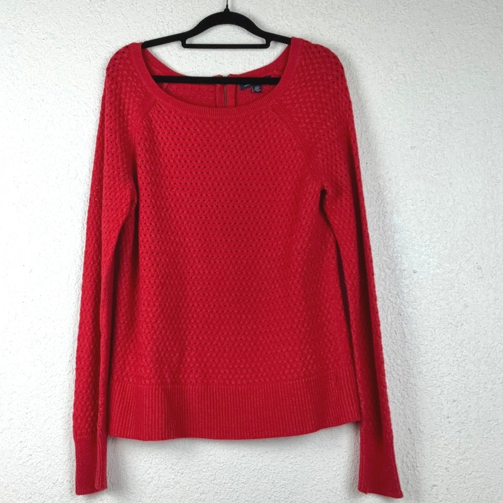 American Eagle Red Sweater - L - Waffle Knit Back Zip Textured Pullover Cozy
